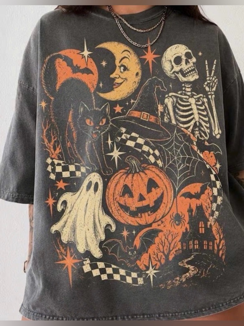 Gildan Black Halloween Graphic Tee with Orange & Cream Art